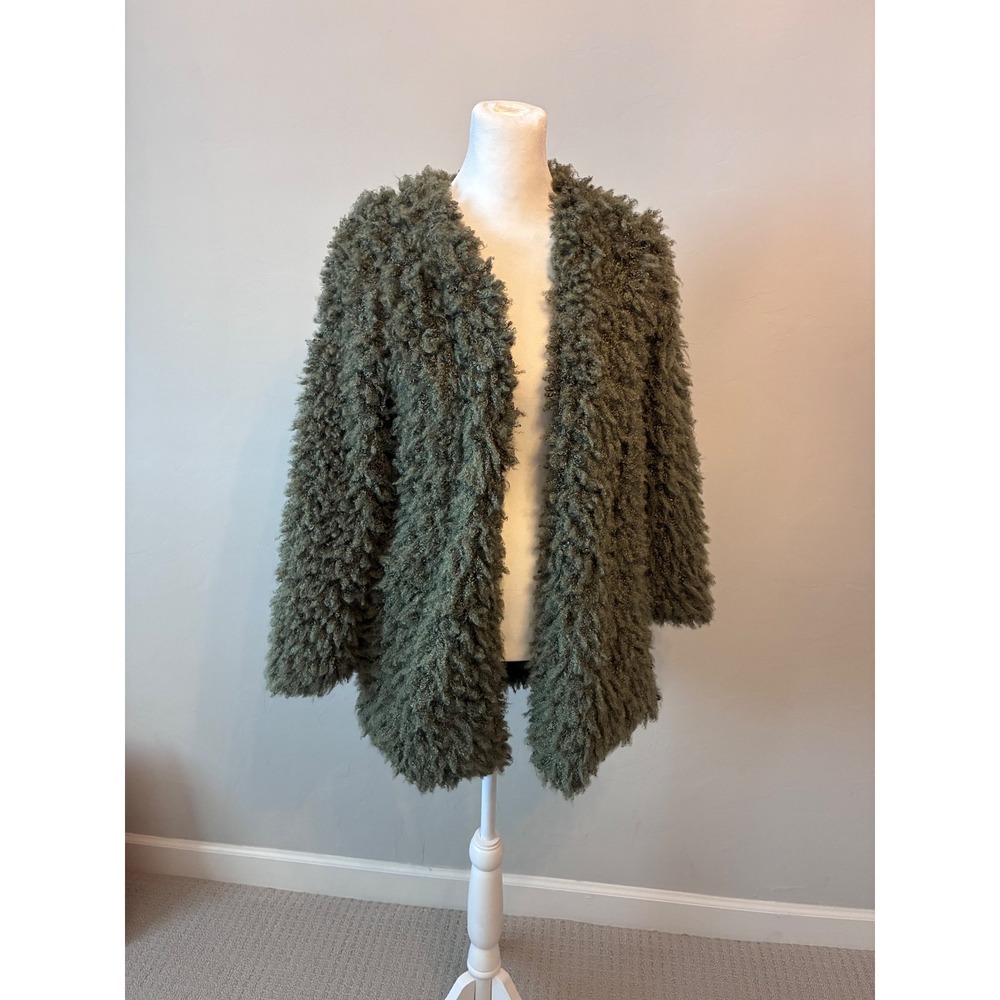 Vertigo Olive Green Shaggy Faux Fur Open Front Coat Jacket XS NEW